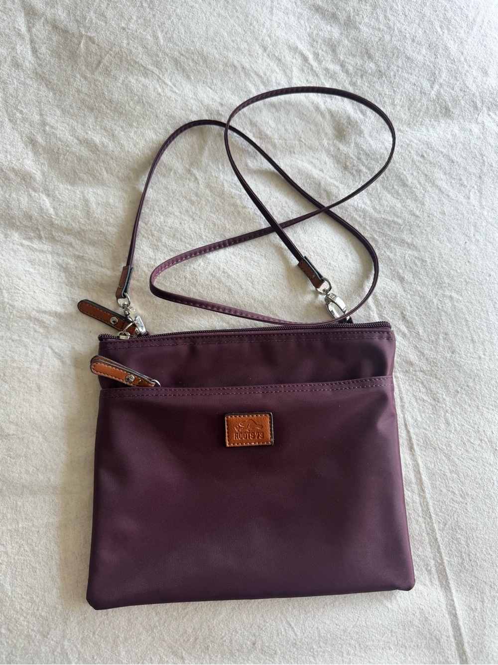 Roots Plum Crossbody with Tan Leather Accents